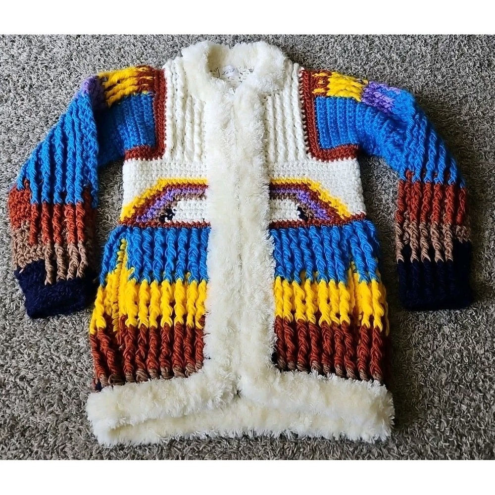 VINTAGE 70S RARE RAINBOW COLORFUL CHUNKY SHERPA CARDIGAN La Fal Brand